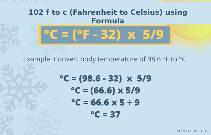 102 f to c (Fahrenheit to Celsius) using Formula