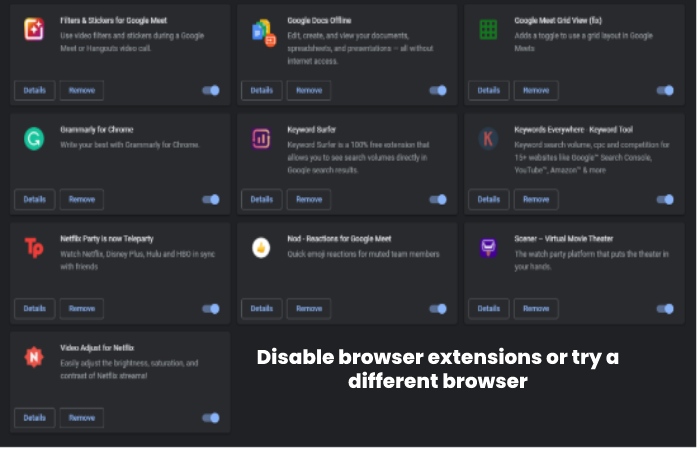 Disable browser extensions or try a different browser