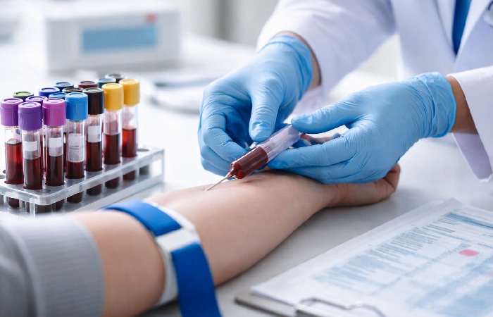 Medical technician collecting blood samples for CBC, lipid profile, and thyroid panel testing