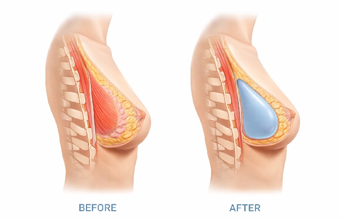 Side profile comparison showing proportional breast augmentation results