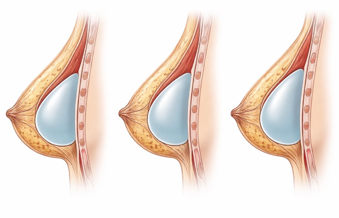 Medical illustration showing breast implant placement under and over chest muscle