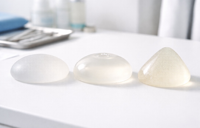 Different breast implant types including saline and silicone displayed on sterile surface