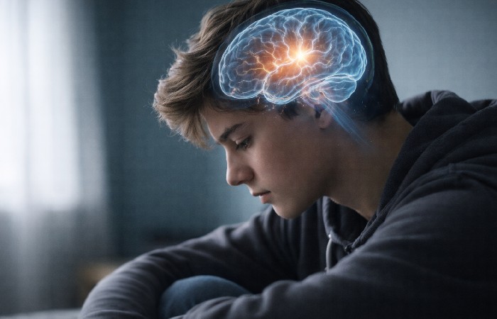 Teen profile with subtle glowing brain illustration symbolizing neurological effects of chronic stress.
