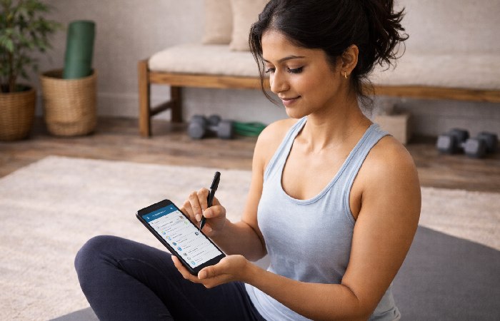 Person tracking home workout sessions on a planner in a living room