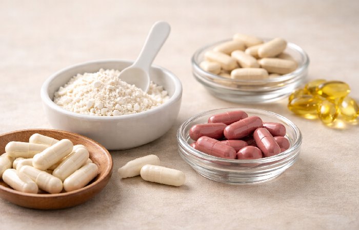 Close-up of choline, inositol, and vitamin B12 supplements representing key ingredients in Lipo-B