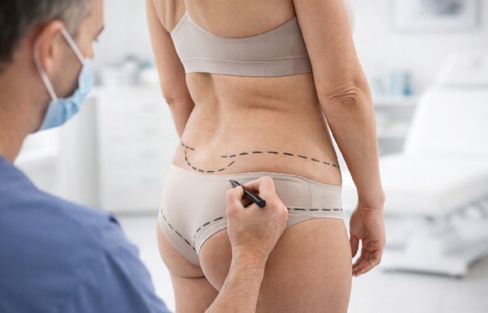Surgeon marking incision lines for lower body lift procedure