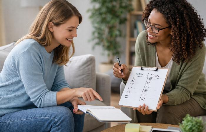 coach helping client with goal setting and emotional wellbeing