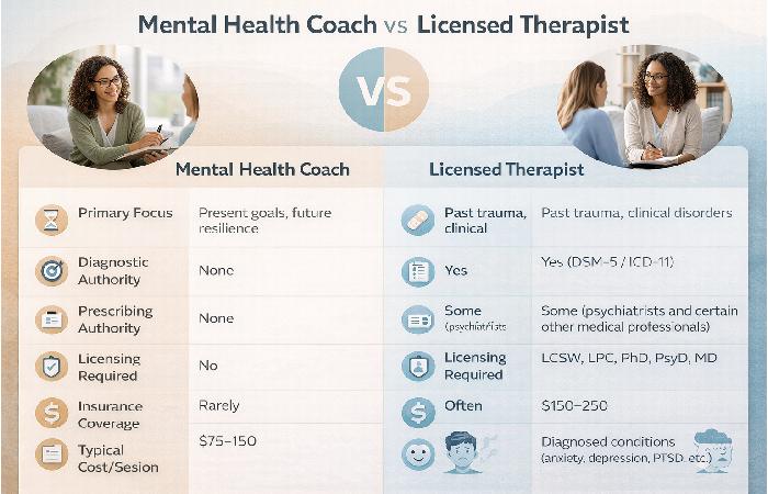 comparison between mental health coach and licensed therapist roles