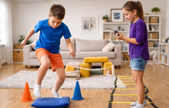older kids doing indoor obstacle course at home