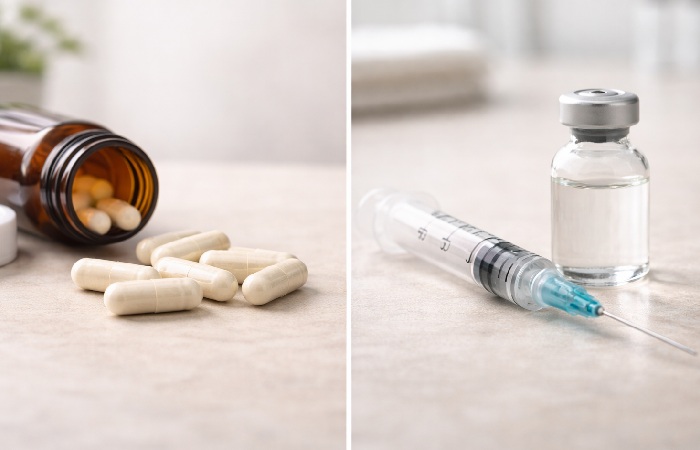 Oral supplement capsules placed beside a syringe illustrating supplement versus injection comparison