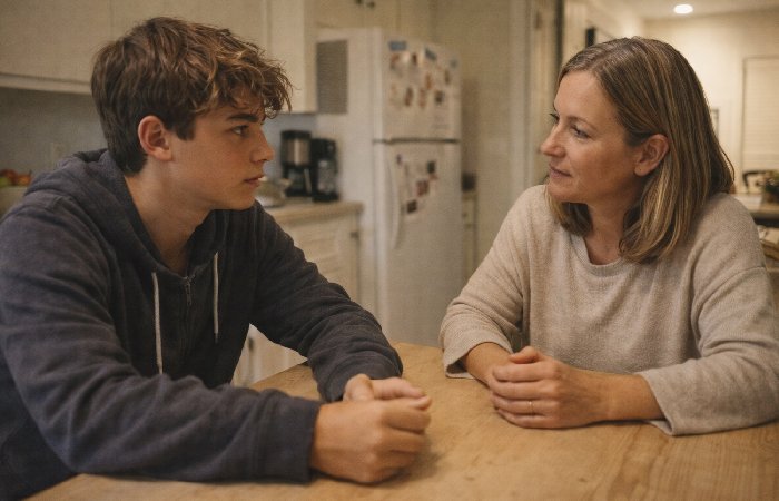 Parent and teenager having supportive conversation at home about bullying.