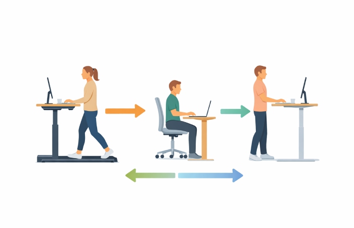 sit stand walk rotation workflow for treadmill desk users