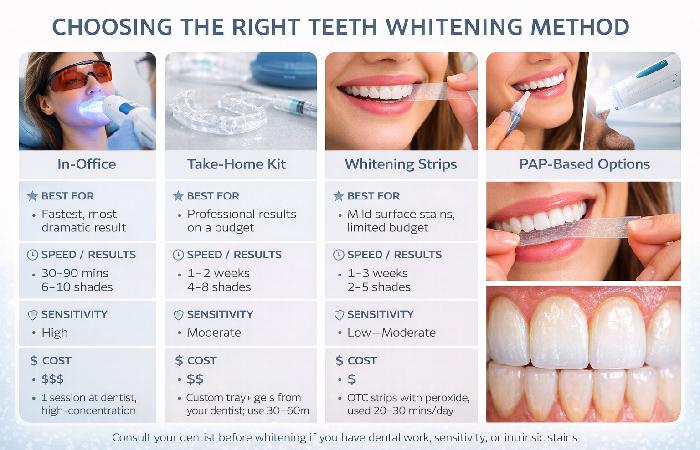 Horizontal infographic comparing professional whitening, take-home kits, strips, and PAP options