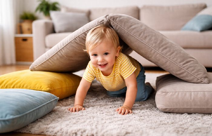 toddler playing indoor obstacle course with pillows