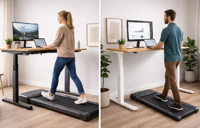 integrated treadmill desk and under desk walking pad setup