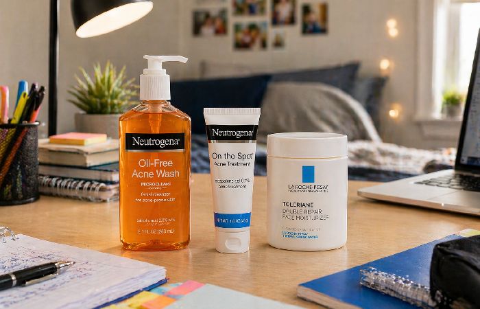 Three-step acne skincare routine with cleanser treatment and moisturizer in dorm room