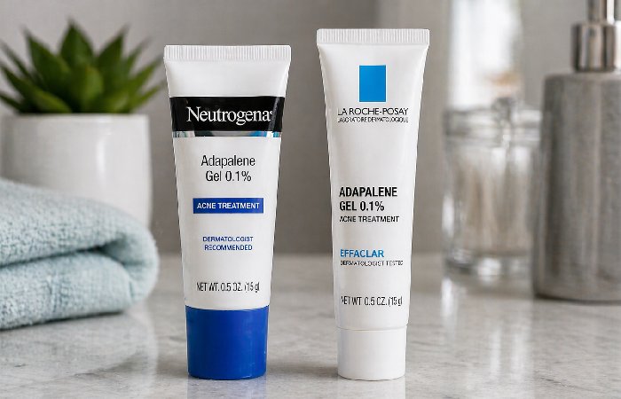 Two adapalene gel acne treatment tubes for budget skincare comparison