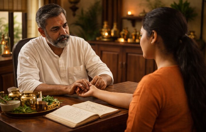 Ayurvedic doctor consulting patient and checking pulse