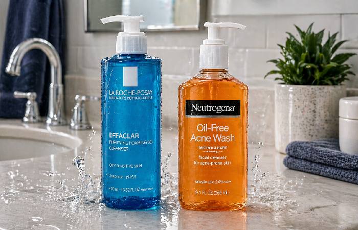 La Roche-Posay Effaclar cleanser and Neutrogena Oil-Free Acne Wash side by side