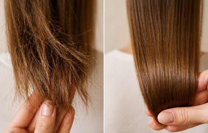 Comparison of damaged split hair ends and smoother conditioned hair