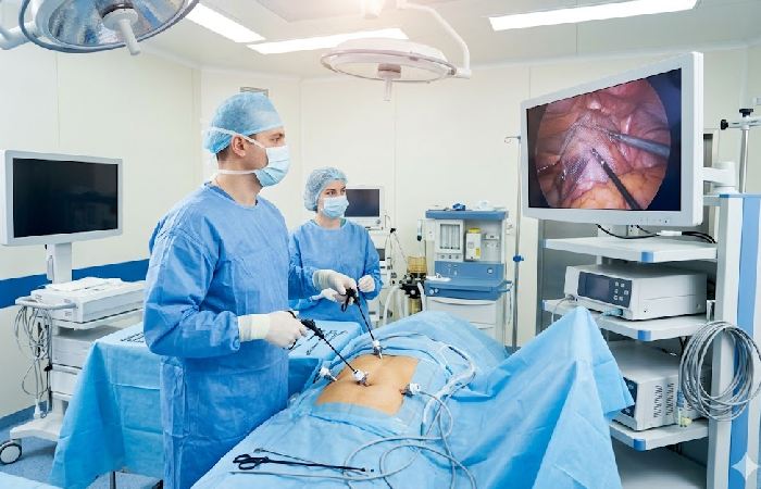 Laparoscopic surgery setup for hernia repair